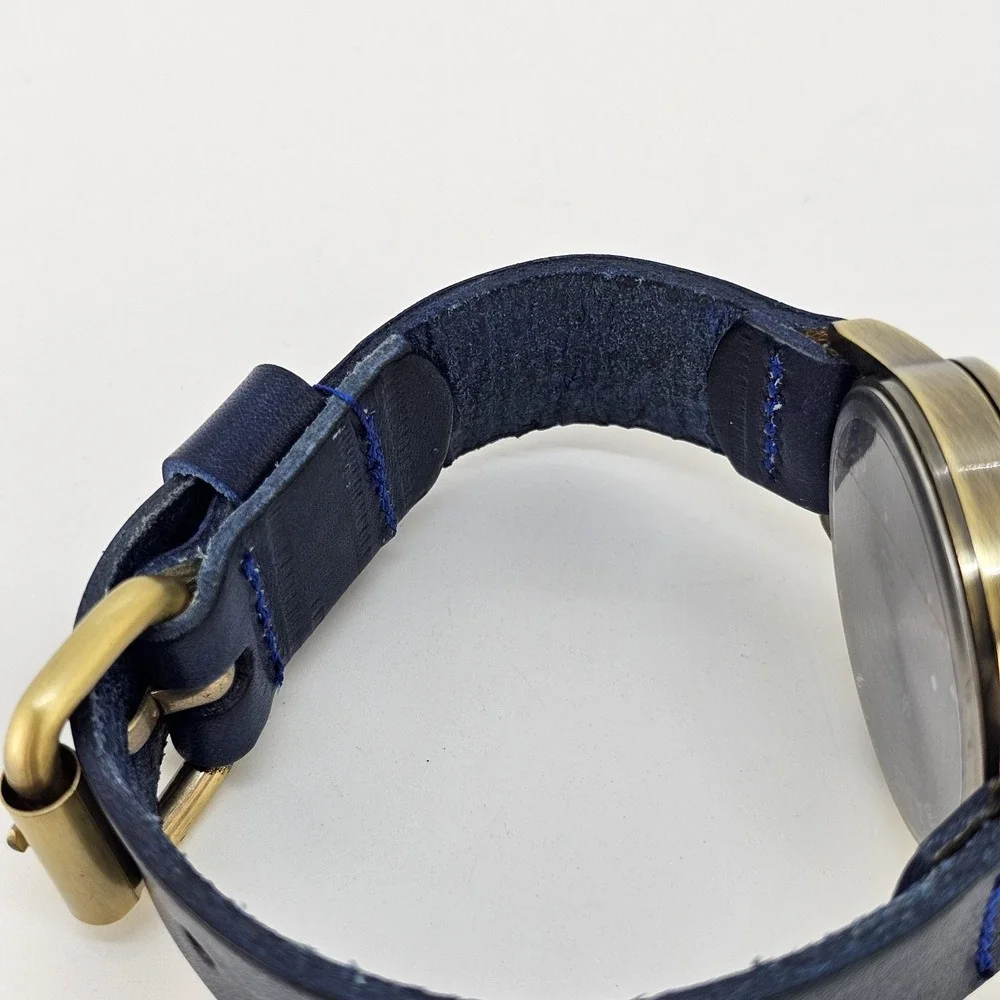 42MM Men's Analog Watch Gold Dial Dark‎ Blue Leahter Bands New Battery